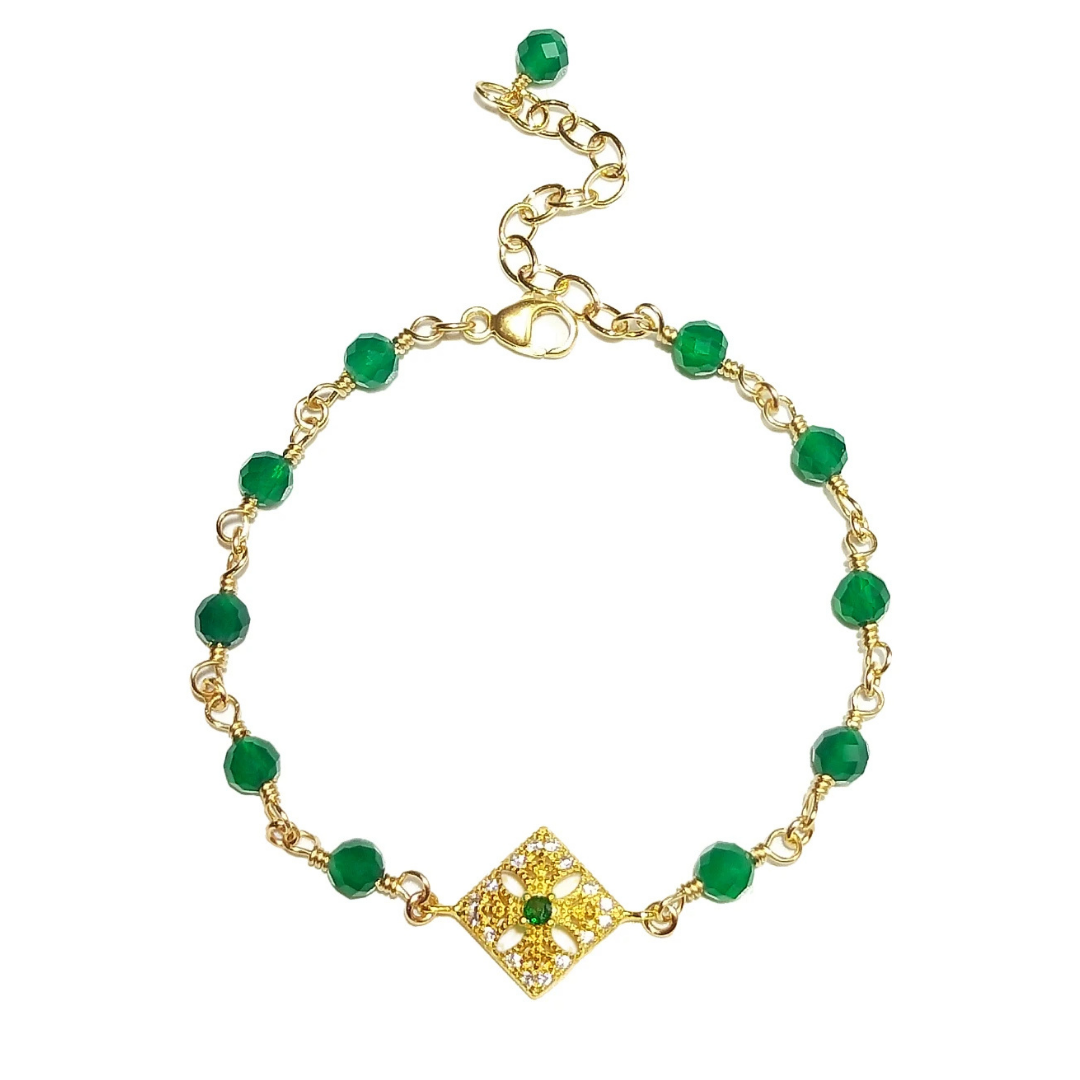 Natural Green Onyx & Zircon Charm Gold-Filled Bracelet