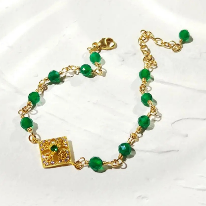 Natural Green Onyx & Zircon Charm Gold-Filled Bracelet