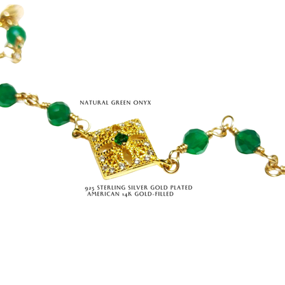 Natural Green Onyx & Zircon Charm Gold-Filled Bracelet