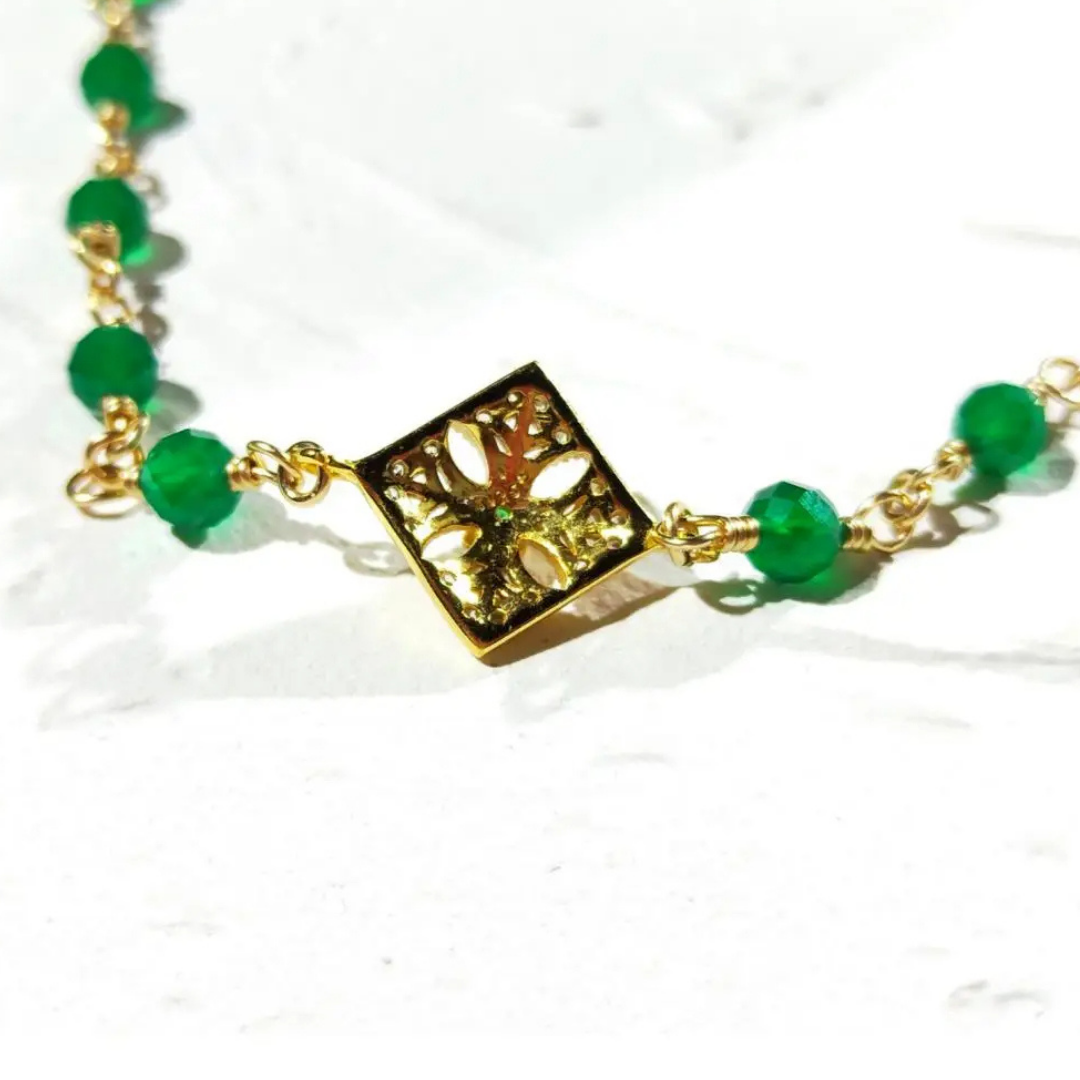 Natural Green Onyx & Zircon Charm Gold-Filled Bracelet