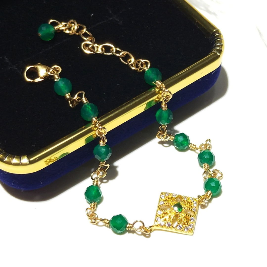 Natural Green Onyx & Zircon Charm Gold-Filled Bracelet